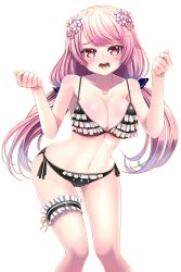 Rule 34 | 1girl, bare shoulders, bikini, black bikini, blush, bracelet, breasts, bridal garter, cleavage, flower, frilled bikini, frills, front-tie top, hair flower, hair ornament, highres, jewelry, large breasts, leaning forward, long hair, low twintails, luka (soccer spirits), official art, open mouth, pink eyes, pink hair, reason (ficafe), side-tie bikini bottom, simple background, soccer spirits, solo, string bikini, swept bangs, swimsuit, thighhighs, transparent background, twintails, untied, very long hair