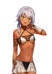 Rule 34 | 1girl, arm up, armband, breasts, cowboy shot, criss-cross halter, dark-skinned female, dark skin, fang, halterneck, head tilt, highres, konbu wakame, looking at viewer, md5 mismatch, midriff, navel, original, pointy ears, ponytail, resolution mismatch, silver hair, small breasts, solo, source smaller, tattoo, yellow eyes