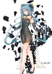 Rule 34 | 1girl, absurdres, bad id, bad pixiv id, black dress, black flower, black footwear, black gloves, black rose, blue eyes, blue hair, china dress, chinese clothes, collarbone, dress, elbow gloves, floating hair, floral print, flower, gloves, hair between eyes, hair flower, hair ornament, hatsune miku, high heels, highres, kyudo (hysnxas), long hair, looking at viewer, open mouth, print dress, pumps, rose, sash, side slit, simple background, sleeveless, sleeveless dress, solo, standing, thighlet, transparent, very long hair, vocaloid, white background
