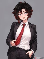 Rule 34 | 1girl, absurdres, ahoge, bluefield, commentary, cowboy shot, english commentary, formal, grey background, grey eyes, hair between eyes, hand in pocket, highres, long sleeves, looking at viewer, necktie, open mouth, patreon logo, patreon username, ruby rose, rwby, short hair, simple background, solo, suit, teeth, tongue, twitter username