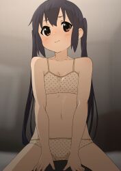 Rule 34 | 1girl, 1other, absurdres, black hair, blurry, blurry background, blush, bra, breasts, brown eyes, cleavage, closed mouth, collarbone, girl on top, highres, k-on!, kicchi (tmgk), long hair, nakano azusa, panties, polka dot, polka dot bra, polka dot panties, small breasts, solo focus, twintails, underwear, underwear only, white bra, white panties