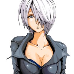 Rule 34 | 1girl, angel (kof), black jacket, breasts, cleavage, collarbone, gii (claustrophobia222), hair over one eye, jacket, large breasts, looking at viewer, parted lips, short hair, grey eyes, silver hair, solo, the king of fighters, upper body, white background