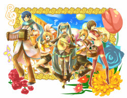 Rule 34 | 2boys, 3girls, accordion, boots, brother and sister, cymbals, drum, flower, hashimochi, hatsune miku, instrument, kagamine len, kagamine rin, kaito (vocaloid), meiko (vocaloid), midriff, multiple boys, multiple girls, music, musical note, quaver, saxophone, siblings, tambourine, thigh boots, thighhighs, treble clef, twins, vocaloid