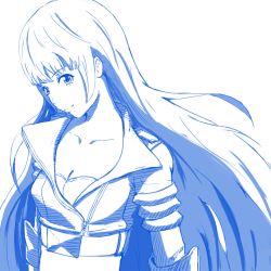 Rule 34 | blue theme, collarbone, jacket, jizo, kula diamond, long hair, looking at viewer, midriff, monochrome, simple background, smile, snk, snk heroines: tag team frenzy, solo, the king of fighters, white background