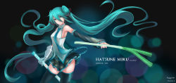 Rule 34 | 1girl, absurdres, aqua eyes, aqua hair, armor, artist name, breasts, character name, copyright name, dated, hatsune miku, highres, long hair, medium breasts, sideboob, skirt, solo, spring onion, sword, thighhighs, very long hair, vocaloid, weapon, yurix