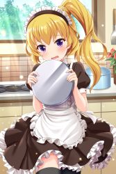Rule 34 | 1girl, absurdres, alternative girls, apron, blonde hair, brown dress, dress, highres, holding, holding plate, indoors, kitchen, long hair, looking at viewer, maid, maid headdress, mizushima airi, official art, open mouth, plate, purple eyes, side ponytail, solo, white apron