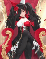 Rule 34 | 1girl, absurdres, arm rest, black choker, black gloves, black hair, black pants, black skirt, bow, breasts, capelet, card, choker, cleavage, closed mouth, club (shape), collarbone, commentary request, corset, crossed legs, diamond (shape), dress, elbow gloves, falling petals, flower, fur collar, gloves, hair flower, hair ornament, hair over one eye, hand up, head rest, head tilt, heart, high collar, highres, hololive, long hair, looking at viewer, multicolored hair, norio (noriosub), official alternate costume, ookami mio, ookami mio (wonderland), pants, paw print, petals, playing card, red bow, red capelet, red dress, red flower, red hair, red rose, rose, sidelocks, sitting, skirt, small breasts, smile, solo, streaked hair, throne, twintails, two-tone dress, virtual youtuber, white bow, white dress, yellow eyes