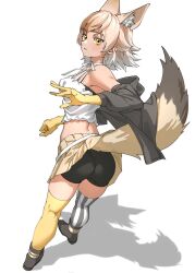 Rule 34 | 1girl, animal ear fluff, animal ears, ass, asymmetrical legwear, bare shoulders, bike shorts, bike shorts under skirt, black footwear, black jacket, boots, breasts, commentary, coyote (kemono friends), extra ears, from behind, full body, gloves, gradient hair, highres, jacket, kemono friends, leaning forward, light brown hair, looking at viewer, looking back, medium breasts, medium hair, mismatched legwear, multicolored hair, neck ribbon, off shoulder, open clothes, open jacket, orange eyes, parted lips, ribbon, shadow, shirt, simple background, skirt, solo, standing, striped clothes, striped thighhighs, tail, tanabe (fueisei), thighhighs, vertical-striped clothes, vertical-striped thighhighs, white background, white hair, white ribbon, white shirt, wolf ears, wolf girl, wolf tail, yellow gloves, yellow theme