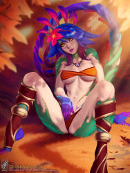 Rule 34 | 1girl, bandeau, bare shoulders, between legs, blue hair, breasts, brown sclera, collarbone, colored sclera, colored skin, female masturbation, flower, green skin, hair flower, hair ornament, hand between legs, highres, jewelry, knees up, large breasts, league of legends, legs apart, lizard tail, masturbation, medium hair, navel, necklace, neeko (league of legends), orange bandeau, orange panties, panties, pink flower, pink lips, red hair, reptile girl, sitting, slit pupils, smile, solo, stomach, tail, teeth, themaestronoob, tree, underwear, watermark, web address, yellow eyes