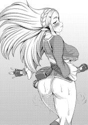 Rule 34 | 1girl, artist request, ass, blush, bottomless, fingerless gloves, from behind, gloves, highres, long hair, looking back, nintendo, pointy ears, princess zelda, simple background, solo, sweat, the legend of zelda