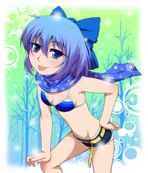 Rule 34 | 1girl, :p, alternate costume, bad id, bad pixiv id, belt, bikini, blue bikini, blue eyes, blue hair, bow, cirno, forest, hair bow, hand on own hip, hand on own knee, hayashi custom, highres, leaning, looking at viewer, matching hair/eyes, nature, navel, scarf, short hair, short shorts, shorts, smile, solo, swimsuit, tongue, tongue out, touhou