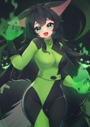 Rule 34 | 1girl, :d, absurdres, animal ears, animification, arm up, asymmetrical gloves, black bodysuit, black gloves, black hair, bodysuit, breasts, commentary request, commission, copyright request, cosplay, fox ears, fox girl, fox tail, gloves, glowing, green bodysuit, green eyes, green gloves, groin, highres, hinata (user rjkt4745), jack-o&#039;-lantern, kim possible (series), long hair, looking at viewer, medium breasts, mismatched gloves, multicolored bodysuit, multicolored clothes, open mouth, pixiv commission, shego, shego (cosplay), smile, solo, tail, very long hair, virtual youtuber