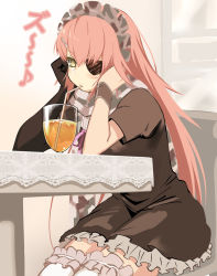 Rule 34 | 1girl, black gloves, cup, cz2128 delta, drinking, drinking glass, drinking straw, eyepatch, gloves, long hair, maid, maid headdress, nyamota, overlord (maruyama), pink hair, single glove, solo, thighhighs, white thighhighs, yellow eyes