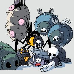 Rule 34 | 1girl, aged down, arthropod girl, black eyes, black sclera, blank eyes, brooding mawlek (hollow knight), bug, child, cloak, closed eyes, colored sclera, extra eyes, floating, flukemarm (hollow knight), full body, gruz mother (hollow knight), hollow knight, hornet (hollow knight), looking at another, lying, massive moss charger (hollow knight), monster, nosk (hollow knight), oblobble (hollow knight), on stomach, orange eyes, red cloak, sakana 2-gou, scratches, sitting, sleeping, solid circle eyes, u u, vengefly king (hollow knight)