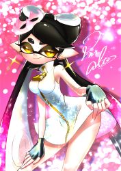 Rule 34 | + +, 1girl, absurdres, altoooooon, artist name, black gloves, black hair, callie (splatoon), closed mouth, clothes lift, commentary request, cosplay, crown, dress, dress lift, earrings, fingerless gloves, gloves, hand on own thigh, high collar, highres, inkling, jewelry, leaning forward, lifted by self, light particles, long hair, looking at viewer, mole, mole under eye, nintendo, partial commentary, pearl (splatoon), pearl (splatoon) (cosplay), pink background, pointy ears, purple hair, short dress, signature, sleeveless, sleeveless dress, smile, solo, sparkle, splatoon (series), splatoon 2, standing, star (symbol), star earrings, swept bangs, tentacle hair, tilted headwear, very long hair, white dress, white headwear, yellow eyes, zipper pull tab