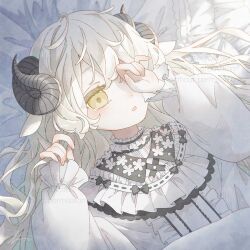 Rule 34 | 1girl, absurdres, blush, curled horns, dress, frills, highres, horns, long hair, long sleeves, looking at viewer, lying, on back, open mouth, original, pillow, sheep girl, sheep horns, solo, tearing up, under covers, upper body, wavy hair, white dress, white hair, yellow eyes, yuge kemuri