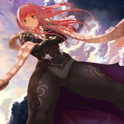Rule 34 | 1girl, black bodysuit, black panties, bodysuit, closed mouth, cloud, crossed arms, fate/grand order, fate (series), flower ornament, from below, glaring, gluteal fold, cnoc na riabh (fate), legs apart, long hair, looking at viewer, medb (fate), official art, panties, pink hair, scarf, sky, solo, standing, takayama kisai, thighs, underwear, yellow eyes