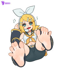 Rule 34 | 1girl, bare shoulders, barefoot, belt, belt buckle, blonde hair, blue eyes, bogo, bow, breasts, buckle, crop top, detached sleeves, feet, female focus, foot focus, hair ornament, hairclip, headphones, highres, kagamine rin, legs up, midriff, musical note, neckerchief, open mouth, sailor collar, short hair, shorts, simple background, small breasts, smile, soles, solo, spread toes, toes, vocaloid, white background, yellow neckerchief