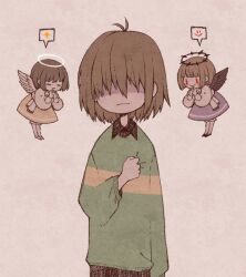 Rule 34 | 1other, ahoge, angel, black footwear, black pants, black wings, blunt bangs, blunt sidelocks, brown hair, closed eyes, closed mouth, collared sweater, commentary, deltarune, dress, eleanor (ohmyeleanor), frown, green sweater, kris (deltarune), messy hair, other focus, own hands together, pants, purple dress, red eyes, shaded face, short hair, shoulder angel, sidelocks, simple background, smile, smiley face, solo, spoken smile, spoken sparkle, sweater, white background, white footwear, white wings, wings, yellow dress