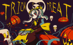 Rule 34 | 1girl, apron, bloody marie (skullgirls), english text, full body, gem, grey hair, hair ornament, hands on own thighs, highres, jack-o&#039;-lantern, kuroirozuki, looking at viewer, maid, maid apron, maid headdress, nail polish, parted bangs, pumpkin, red eyes, red nails, short twintails, sitting, sitting on food, skull, skull hair ornament, skullgirls, solo, twintails