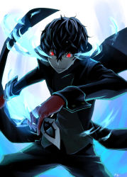 Rule 34 | 10s, 1boy, amamiya ren, bad id, bad pixiv id, black hair, black pants, gelze, gloves, hair between eyes, holding, holding mask, male focus, mask, pants, persona, persona 5, red eyes, red gloves, solo