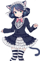 Rule 34 | 10s, 1girl, animal ears, bell, black nails, bow, cat ears, cat tail, curly hair, cyan (show by rock!!), dress, frills, gothic lolita, green eyes, guitar, instrument, lolita fashion, maid headdress, n-mix, nail polish, short hair, show by rock!!, simple background, solo, striped clothes, striped thighhighs, tail, thighhighs