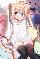 Rule 34 | 1girl, :d, animal ear fluff, animal ears, bell, black thighhighs, blonde hair, blue eyes, blush, cat ears, cat girl, cat tail, collar, collarbone, commentary request, couch, drawstring, fang, feet out of frame, gluteal fold, hair between eyes, hair bobbles, hair ornament, hood, hood down, hoodie, indoors, jingle bell, knees together feet apart, kujou danbo, long hair, looking at viewer, moneko-chan, neck bell, hugging object, on couch, open mouth, original, red collar, sitting, smile, solo, stuffed animal, stuffed cat, stuffed rabbit, stuffed toy, tail, thighhighs, twintails, very long hair, white hoodie