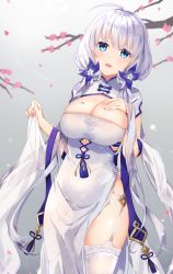Rule 34 | 1girl, :d, ahoge, azur lane, bare hips, blue eyes, blush, branch, breasts, china dress, chinese clothes, cleavage, commentary request, dress, flower, garter straps, gradient background, grey background, hair flower, hair ornament, hand on own chest, highres, holding, illustrious (azur lane), illustrious (maiden lily&#039;s radiance) (azur lane), kon (k0n16), large breasts, long hair, looking at viewer, low twintails, mole, mole under eye, open mouth, pelvic curtain, petals, short sleeves, silver hair, smile, solo, tassel, thighhighs, twintails, white dress, white flower, white thighhighs