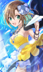 Rule 34 | 1girl, :d, absurdres, aqua hair, black cape, blue bow, bow, bracelet, breasts, brown hair, cape, cleavage, collarbone, green eyes, hair between eyes, hair bow, highres, idolmaster, idolmaster cinderella girls, jewelry, looking at viewer, medium breasts, miniskirt, miri (roll), multicolored hair, necklace, open mouth, purple skirt, short hair, sketch, skirt, smile, solo, strapless, tada riina, two-tone hair