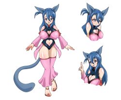 Rule 34 | 1girl, angry, animal ears, blue eyes, blush, breasts, cat ears, cat girl, cat tail, cleavage, clothing cutout, covered erect nipples, dot nose, eyelashes, female focus, full body, giga-kunskap, hair between eyes, heart, heart-shaped pupils, heart cutout, kaori (giga-kunskap), large breasts, long hair, looking at viewer, multiple views, original, pout, red footwear, sandals, shiny skin, skin tight, skindentation, smile, solo, standing, symbol-shaped pupils, tail, thick thighs, thighs, white background