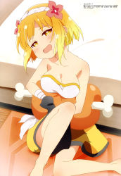 Rule 34 | 1girl, :d, absurdres, ankle, bandaged arm, bandages, bare arms, bare legs, bare shoulders, barefoot, bed, black gloves, blonde hair, blush, body blush, boned meat, breasts, carpet, cleavage, drooling, endro!, fai fai, female focus, flower, food, gloves, hair flower, hair ornament, hairband, half-closed eyes, head tilt, highres, indoors, knee up, looking at viewer, magazine scan, meat, medium breasts, mouth drool, official art, on floor, oota kenji, open mouth, pillow, red flower, scan, short hair, shorts, shoulder blush, sitting, sleepy, smile, solo, strapless, themed object, tongue, tube top, white hairband, white tube top, wooden floor, yellow eyes, yellow shorts