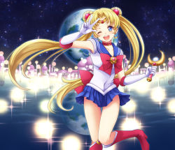 Rule 34 | 1girl, ;d, bishoujo senshi sailor moon, bishoujo senshi sailor moon (first season), blonde hair, blue eyes, blue sailor collar, blue skirt, boots, bow, brooch, castle, choker, covered navel, double bun, earrings, earth (planet), elbow gloves, gloves, hair bun, hair ornament, hairpin, jewelry, knee boots, long hair, maboroshi no ginzuishou, magical girl, mitsucho, moon stick, one eye closed, open mouth, planet, pleated skirt, red bow, ribbon, sailor collar, sailor moon, skirt, smile, solo, tsukino usagi, twintails, v, white gloves