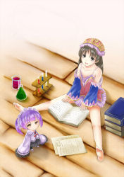 Rule 34 | 2girls, atelier (series), atelier totori, bad id, bad pixiv id, bare shoulders, barefoot, black hair, blush, book, brown eyes, chim (atelier), detached sleeves, feet, female focus, highres, multiple girls, open mouth, pointy ears, purple hair, shanaharuhi, sitting, sleeves past wrists, smile, test tube, totooria helmold, twintails, yellow eyes