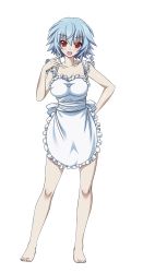 Rule 34 | 10s, 1girl, apron, bare shoulders, barefoot, blue hair, breasts, cleavage, collarbone, eyebrows, feet, full body, highres, index finger raised, infinite stratos, large breasts, looking at viewer, naked apron, open mouth, red eyes, sarashiki tatenashi, short hair, smile, solo, transparent background, white apron