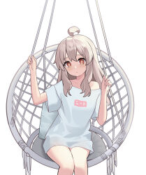 Rule 34 | 1girl, absurdres, ahoge, bare legs, brown eyes, chinese commentary, commentary request, hair between eyes, hammock, highres, long hair, looking at viewer, nagisa (cxcx5235), no pants, onii-chan wa oshimai!, oyama mahiro, shirt, short sleeves, simple background, sitting, solo, t-shirt, white background, white hair, white shirt