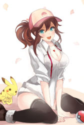 Rule 34 | 10s, 1girl, alternate costume, aster6154, bad id, bad pixiv id, baseball cap, between legs, black thighhighs, blouse, blue eyes, breasts, brown hair, cleavage, creatures (company), derivative work, esutaa (true-love), female protagonist (pokemon go), game freak, gen 1 pokemon, hair between eyes, hand between legs, hat, heart, heart necklace, jewelry, large breasts, long hair, looking at viewer, necklace, nintendo, petals, pikachu, poke ball, pokemon, pokemon (creature), pokemon go, ponytail, shirt, short sleeves, sidelocks, sitting, thighhighs, wavy hair, white shirt