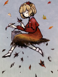 Rule 34 | 1girl, aki shizuha, black footwear, blonde hair, blush, brown dress, buttons, can, chabi (amedama), collared dress, dot nose, dress, closed eyes, facing away, from side, gradient dress, grey background, hair ornament, holding, holding leaf, holding paintbrush, invisible chair, leaf, leaf hair ornament, long sleeves, maple leaf, multicolored clothes, multicolored dress, orange dress, paint can, paintbrush, red dress, shoes, short hair, sitting, sleeve cuffs, smile, socks, solo, touhou, white socks, yellow dress