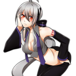 Rule 34 | 1girl, ahoge, ass, blush, breasts, butt crack, cleavage, collarbone, detached sleeves, hand on own head, hand on own hip, headphones, long hair, necktie, ponytail, red eyes, ribbon, shirayuki touya, silver hair, simple background, solo, tattoo, very long hair, vocaloid, white background, yowane haku