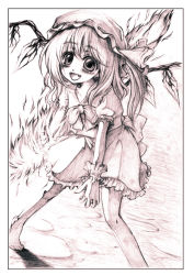 Rule 34 | 1girl, :d, barefoot, blush, fang, female focus, fire, flandre scarlet, graphite (medium), hat, mob cap, monochrome, open mouth, side ponytail, smile, solo, sugai, tiptoes, touhou, traditional media, wings