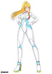 Rule 34 | 1girl, absurdres, artist name, blonde hair, blue eyes, bodysuit, breasts, closed mouth, commentary, covered collarbone, covered navel, full body, hand on own hip, high heels, high ponytail, highres, kaos art, lips, long hair, long sleeves, looking at viewer, medium breasts, metroid, metroid dread, mole, mole under mouth, neon trim, nintendo, ponytail, samus aran, signature, simple background, skin tight, solo, standing, turtleneck, white background, white bodysuit, zero suit