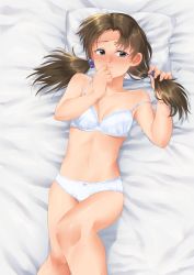 Rule 34 | 1girl, absurdres, blush, bow, bow bra, bow panties, bra, breasts, brown eyes, brown hair, collarbone, freckles, hair bobbles, hair ornament, hand to own mouth, highres, horaki hikari, igarashimw, looking to the side, lying, navel, neon genesis evangelion, nose blush, off shoulder, on back, panties, pillow, small breasts, strap slip, thighs, twintails, underwear, underwear only, white bra, white panties