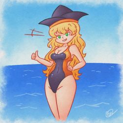 Rule 34 | 1girl, bare shoulders, beach, blonde hair, breasts, cleavage, competition swimsuit, green eyes, hand on own hip, hat, head tilt, iced lemon, long hair, looking at viewer, matara okina, ocean, one-piece swimsuit, smile, solo, standing, swimsuit, thighs, thumbs up, touhou
