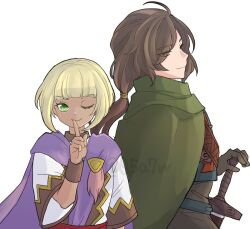Rule 34 | 05a7w, 1boy, 1girl, blonde hair, brown eyes, brown hair, closed mouth, felix (golden sun), gloves, golden sun, green eyes, long hair, looking at viewer, one eye closed, sheba (golden sun), short hair, simple background, smile, sword, tan, weapon, white background