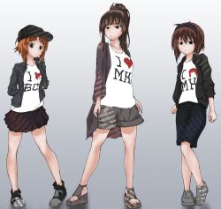 Rule 34 | 10s, 3girls, alternate hairstyle, animal print, bad id, bad twitter id, baseball cap, bear print, black footwear, black hairband, black hat, black jacket, black skirt, brown eyes, brown hair, casual, closed mouth, clothes writing, commentary, english text, girls und panzer, goripan, gradient background, grey background, grey footwear, grey jacket, grey shorts, hairband, hands in pockets, hat, heart, heart print, jacket, light frown, miniskirt, mother and daughter, multiple girls, nishizumi maho, nishizumi miho, nishizumi shiho, no legwear, pleated skirt, ponytail, print shirt, sandals, shirt, shoes, shorts, siblings, sisters, skirt, sneakers, white shirt