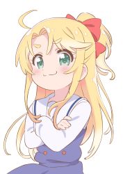 Rule 34 | 1girl, :3, ahoge, blonde hair, blue dress, blush, bow, closed mouth, commentary request, crossed arms, decocharaseal, doyagao, dress, green eyes, hair bow, highres, himesaka noa, long hair, long sleeves, looking to the side, parted bangs, ponytail, red bow, sailor collar, sailor dress, school uniform, shirt, simple background, smug, solo, standing, thick eyebrows, watashi ni tenshi ga maiorita!, white background, white sailor collar, white shirt
