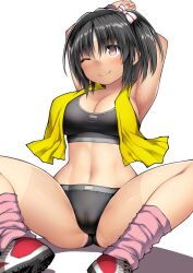 Rule 34 | 1girl, absurdres, armpits, arms up, black hair, black panties, black sports bra, blush, bow, breasts, brown eyes, hair between eyes, hair bow, highres, kantai collection, kuromayu, large breasts, nagara (kancolle), one eye closed, one side up, panties, pink socks, shoes, short hair, shorts tan, simple background, sitting, smile, sneakers, socks, solo, sports bra, spread legs, sweat, tan, tanline, towel, towel around neck, underwear, white background