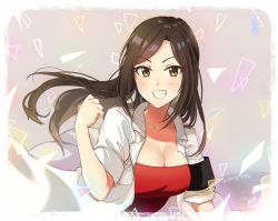 Rule 34 | 1girl, blush, breasts, brown hair, cleavage, clenched hand, commentary request, grin, highres, idolmaster, idolmaster cinderella girls, jacket, large breasts, long hair, looking at viewer, mukai takumi, red shirt, shangzi, shirt, sleeves rolled up, smile, solo, upper body, white jacket, yellow eyes