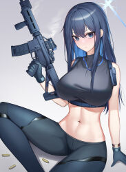 Rule 34 | 1girl, absurdres, arm support, bare arms, bare shoulders, black gloves, black pants, black shirt, blue archive, blue eyes, blue hair, breasts, chun bae, commentary request, crop top, gloves, grey background, gun, highres, holding, holding gun, holding weapon, large breasts, leggings, long hair, looking at viewer, midriff, navel, no headwear, pants, rifle, saori (blue archive), shell casing, shirt, sitting, sleeveless, sleeveless shirt, solo, stomach, thighs, very long hair, weapon