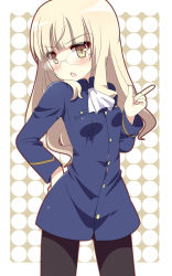Rule 34 | &gt;:o, 1girl, :o, ascot, black pantyhose, blonde hair, blush, glasses, hand on own hip, highres, index finger raised, kimoko, long hair, looking at viewer, military, military uniform, open mouth, pantyhose, perrine h. clostermann, solo, strike witches, uniform, v-shaped eyebrows, world witches series, yellow eyes