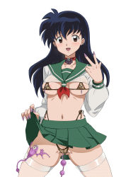 Rule 34 | 1girl, anal beads, bikini, bikini under clothes, black hair, breasts, brown eyes, choker, clothes lift, creature, dildo, ear piercing, earrings, female focus, gozaru, highres, higurashi kagome, inuyasha, jewelry, lock, looking at viewer, nipple piercing, nipples, object insertion, open mouth, piercing, piercing through clothes, pussy, pussy juice drip, pussy peek, school uniform, sex toy, side-tie bikini bottom, simple background, skirt, skirt lift, swimsuit, thighhighs, underboob, v, vaginal, vaginal object insertion